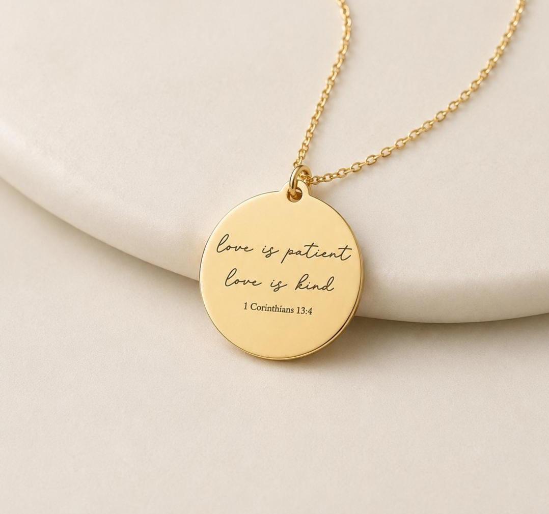Love is Patient Gold Disc Necklace: Christian Scripture Jewelry