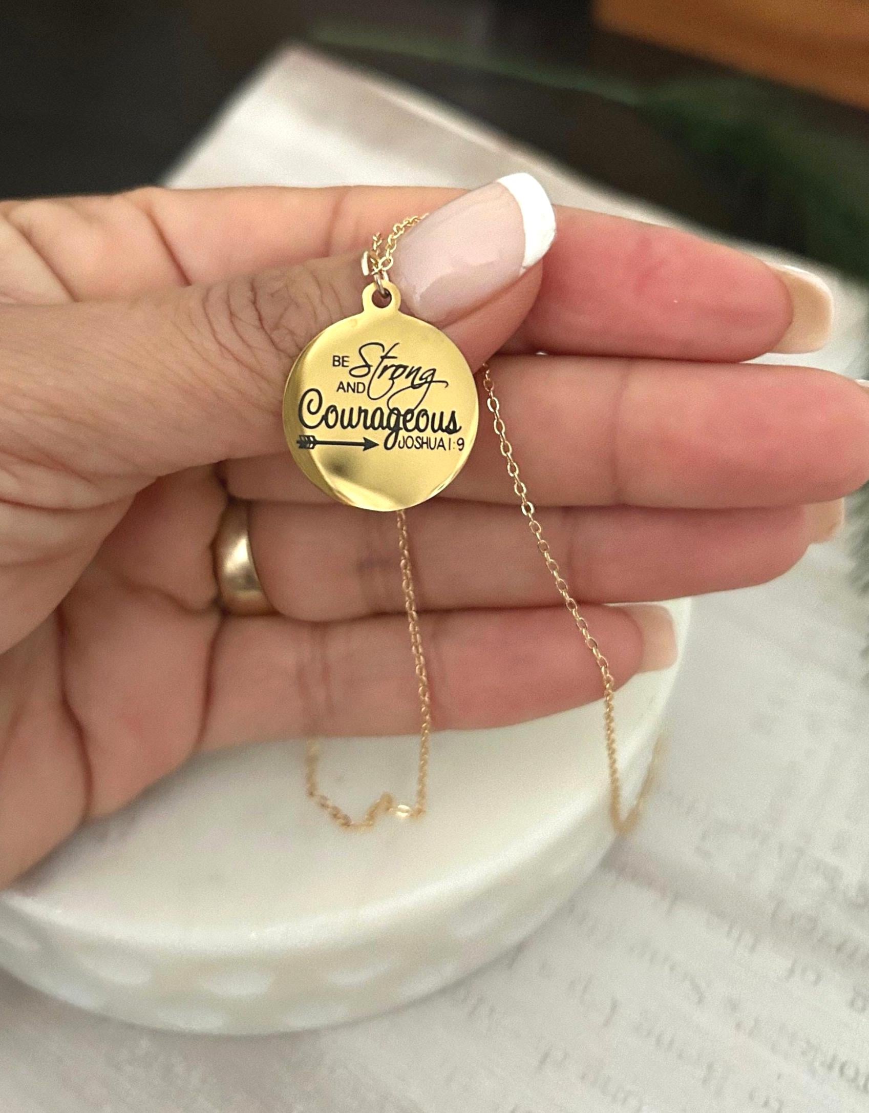 Strong and Courageous Joshua 1:9 Necklace | Christian Bible Verse Jewelry | Personalized Necklace | Faith Gift for Women, Spanish or English