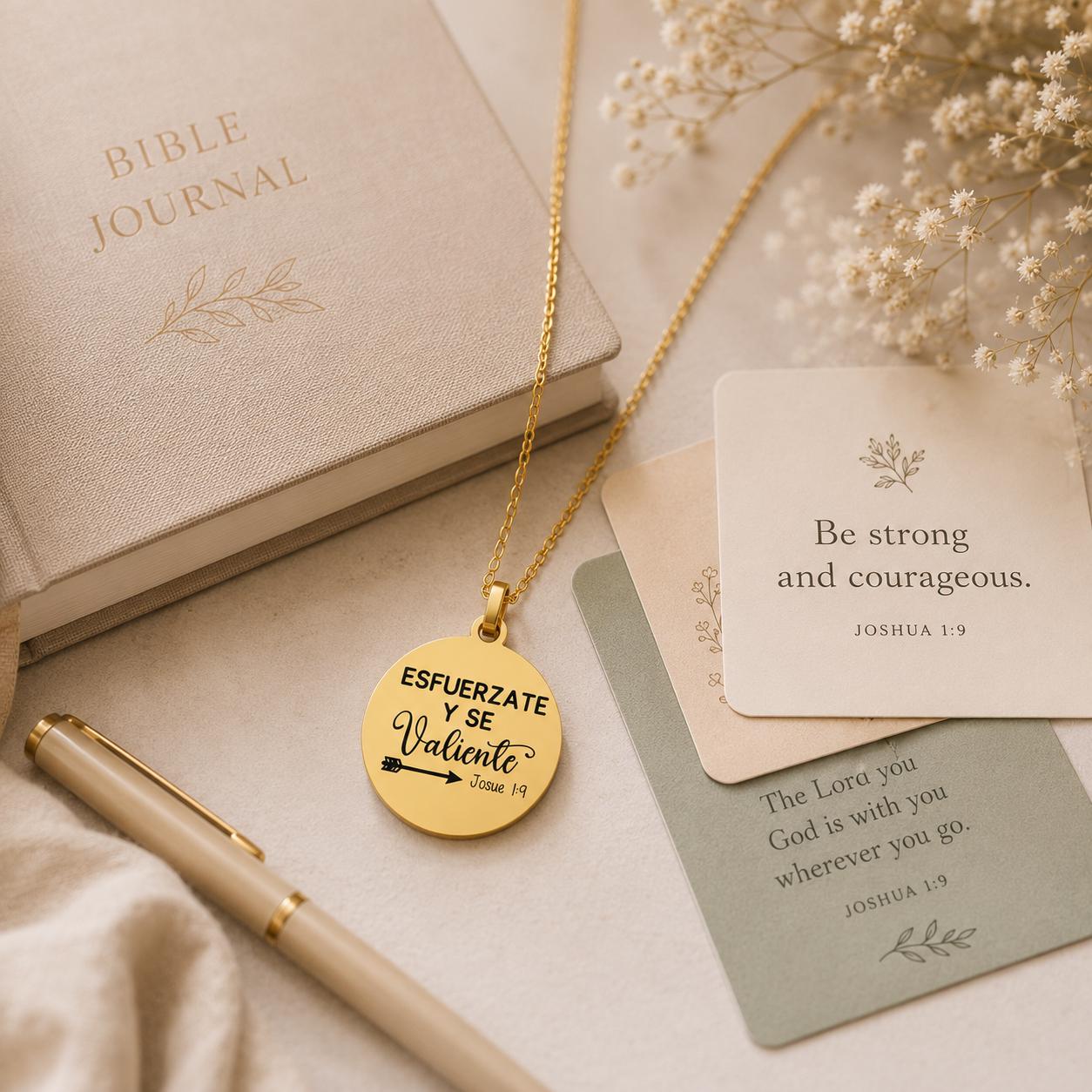 Strong and Courageous Joshua 1:9 Necklace | Christian Bible Verse Jewelry | Personalized Necklace | Faith Gift for Women, Spanish or English