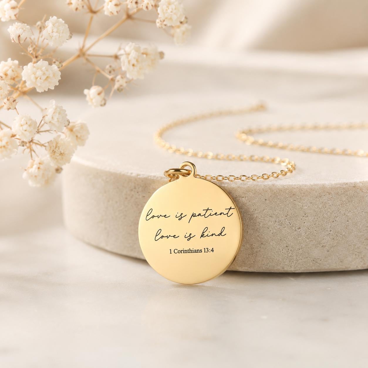 Love is Patient Gold Disc Necklace: Christian Scripture Jewelry