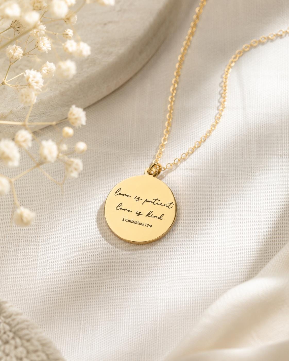 Love is Patient Gold Disc Necklace: Christian Scripture Jewelry