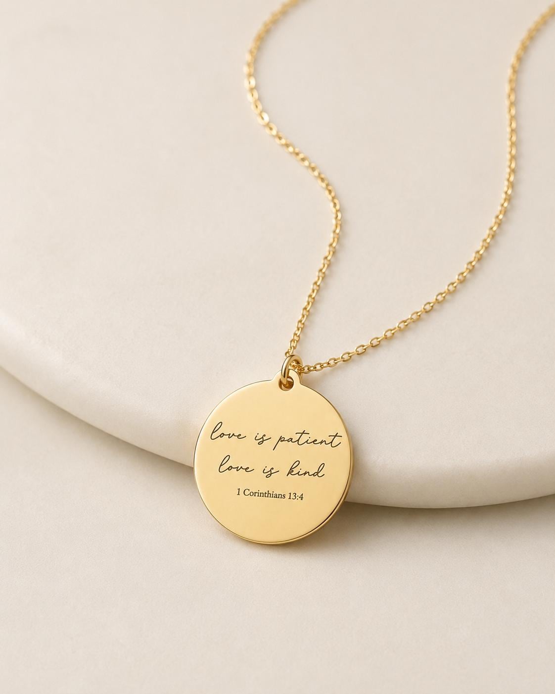 Love is Patient Gold Disc Necklace: Christian Scripture Jewelry
