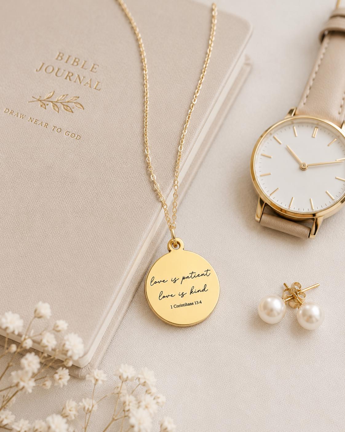 Love is Patient Gold Disc Necklace: Christian Scripture Jewelry