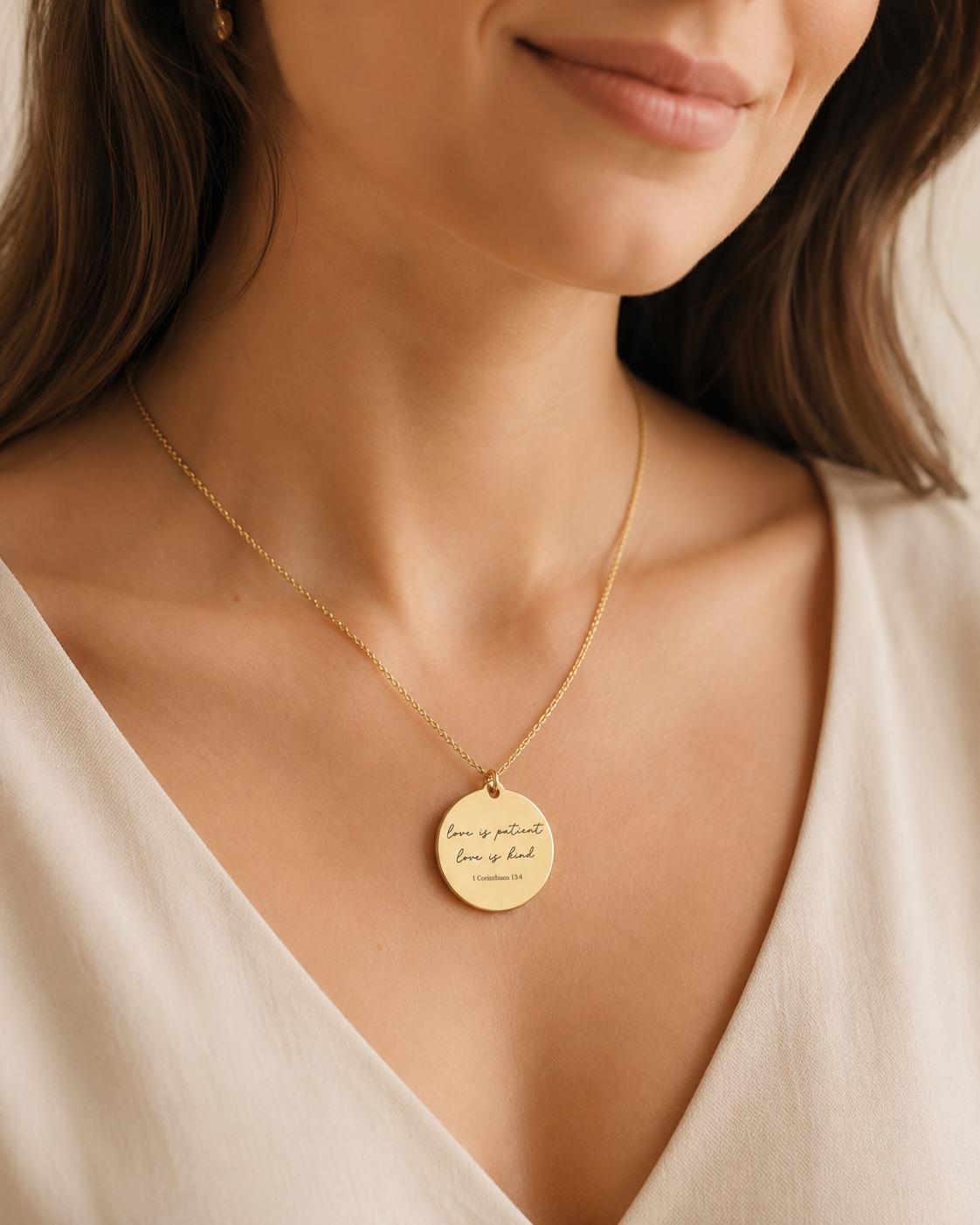 Love is Patient Gold Disc Necklace: Christian Scripture Jewelry