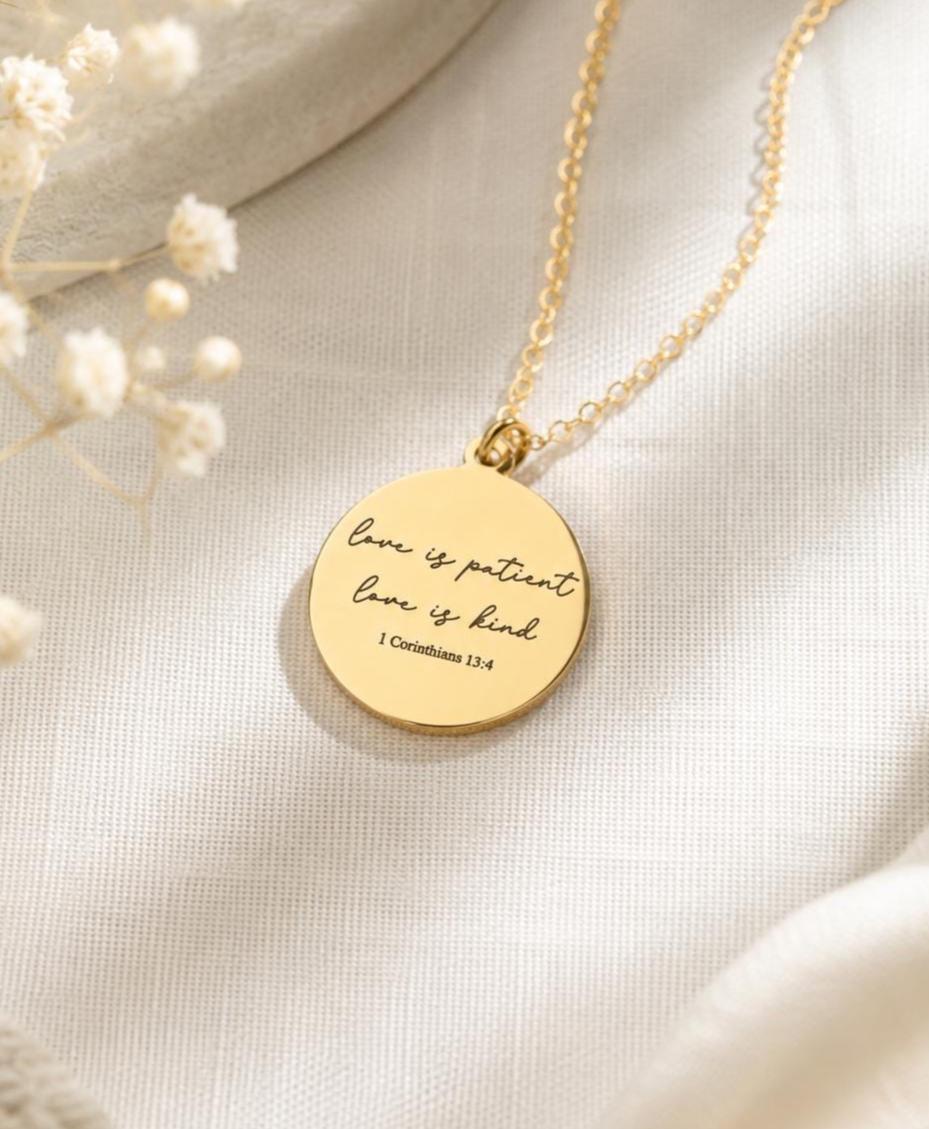 Love is Patient Gold Disc Necklace: Christian Scripture Jewelry