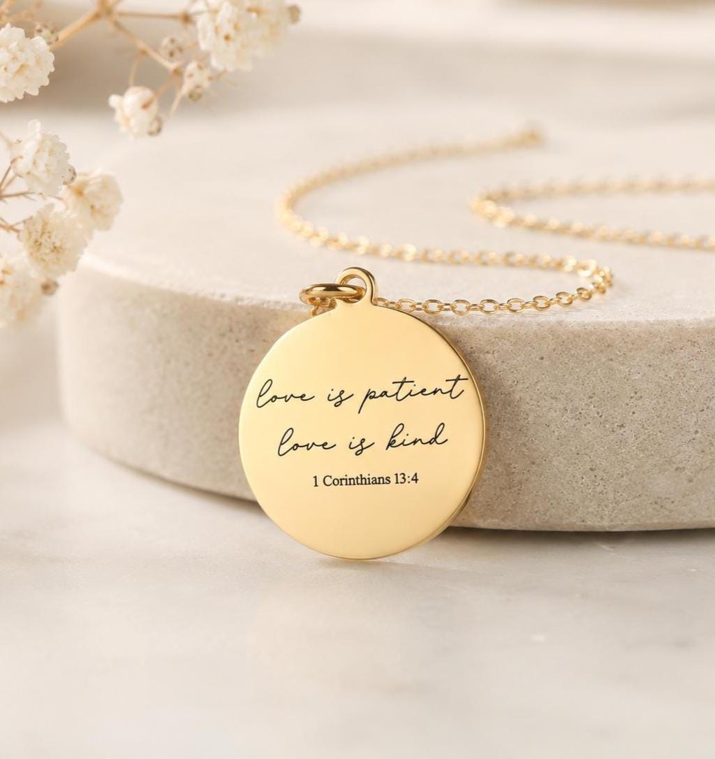 Love is Patient Gold Disc Necklace: Christian Scripture Jewelry