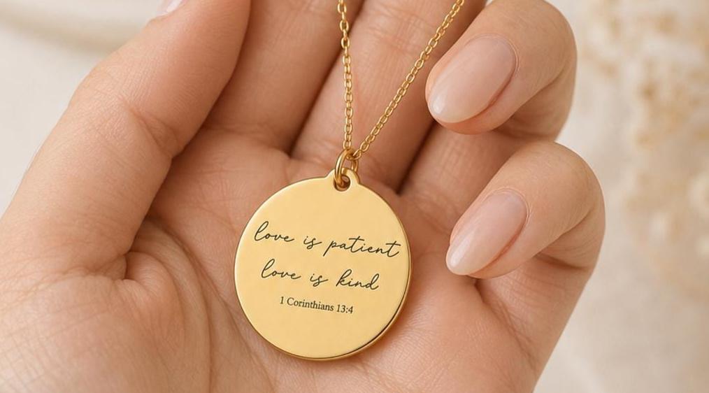 Love is Patient Gold Disc Necklace: Christian Scripture Jewelry