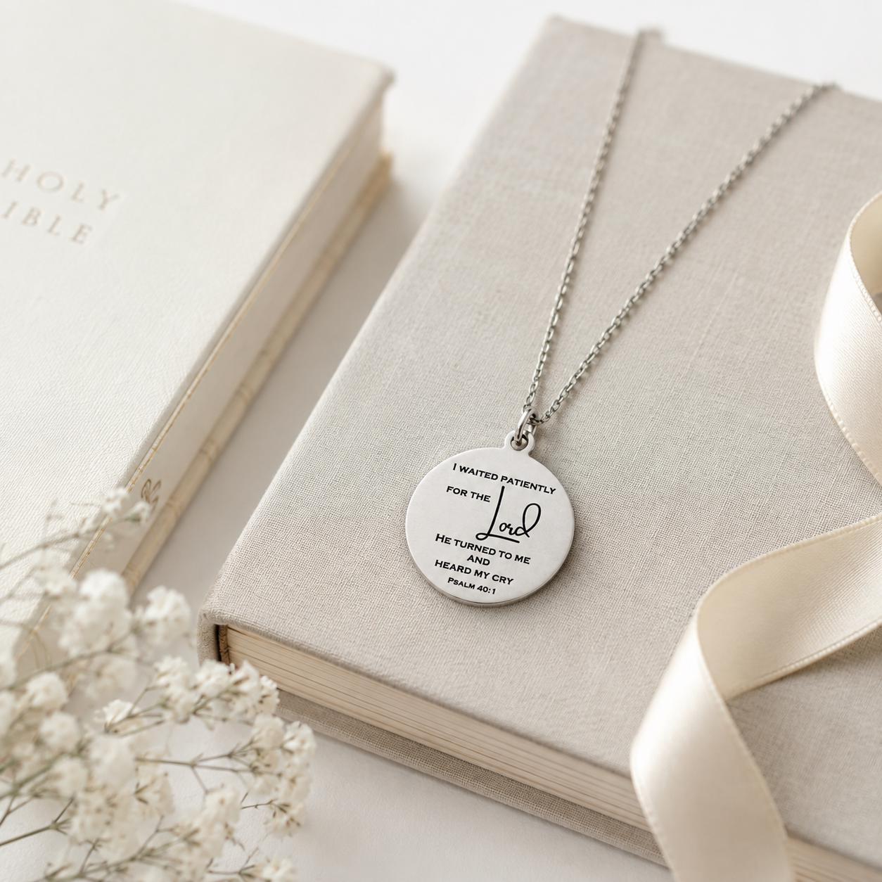 Psalm 40:1 Necklace, I Waited Patiently for the Lord Necklace, Christian Faith Jewelry, Bible Verse Gift, Encouragement Necklace for Women