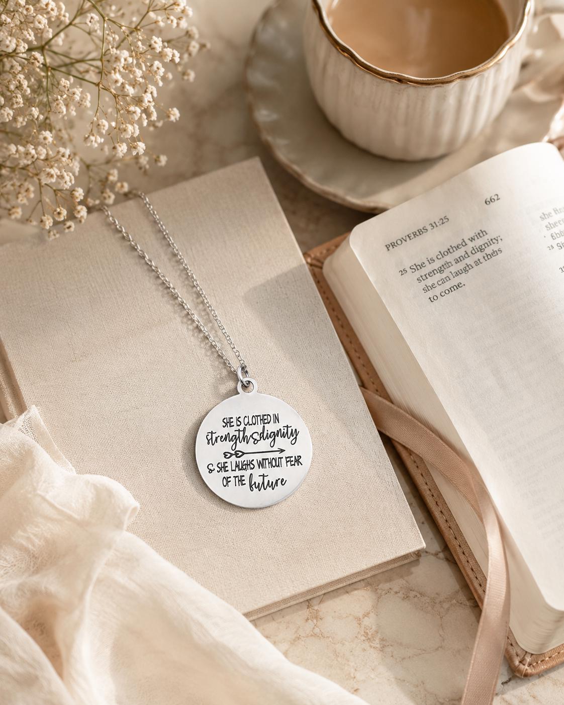 Proverbs 31:25 Necklace, She Is Clothed in Strength and Dignity Necklace, Christian Jewelry for Women, Faith Gift, Bible Verse Necklace