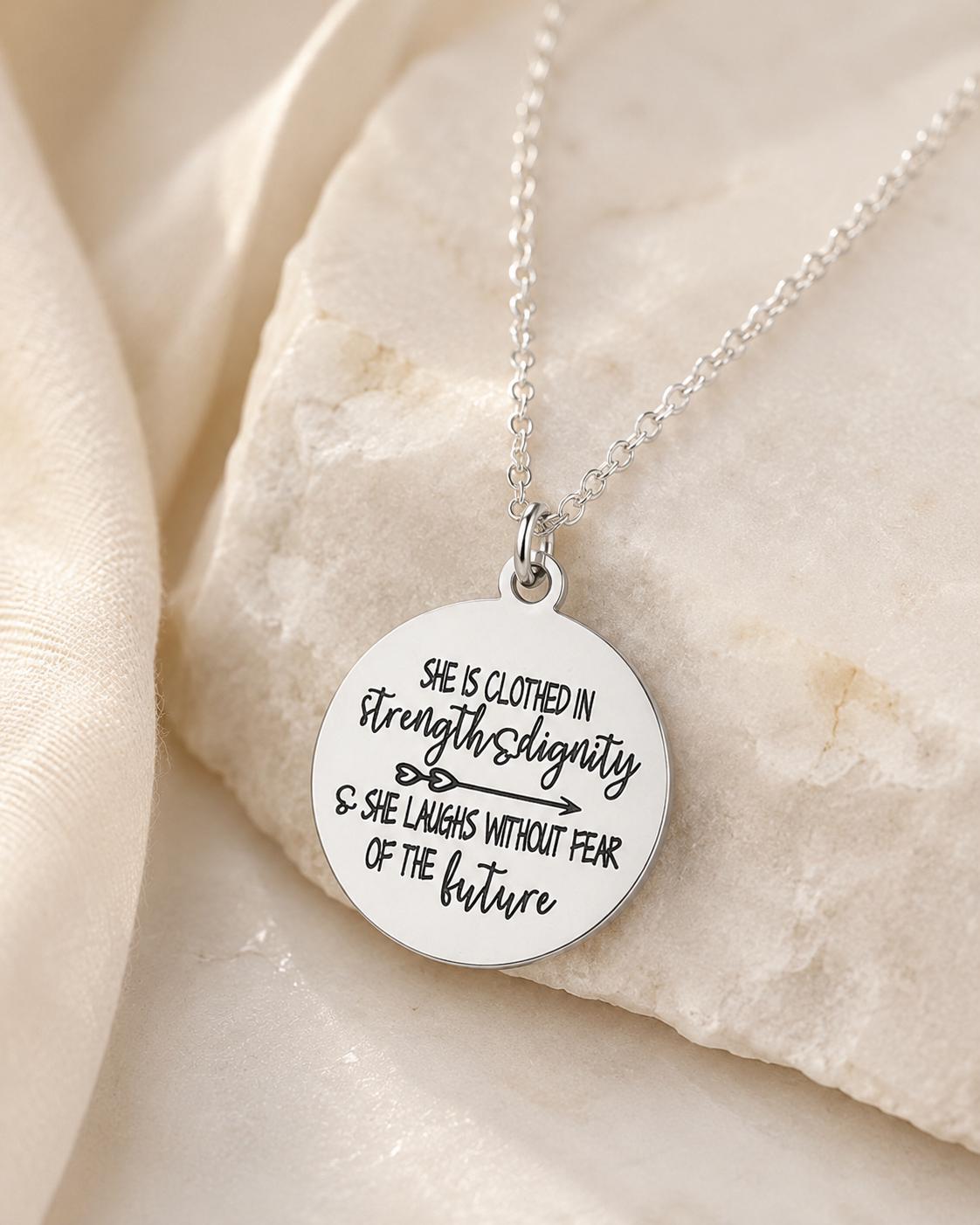 Proverbs 31:25 Necklace, She Is Clothed in Strength and Dignity Necklace, Christian Jewelry for Women, Faith Gift, Bible Verse Necklace