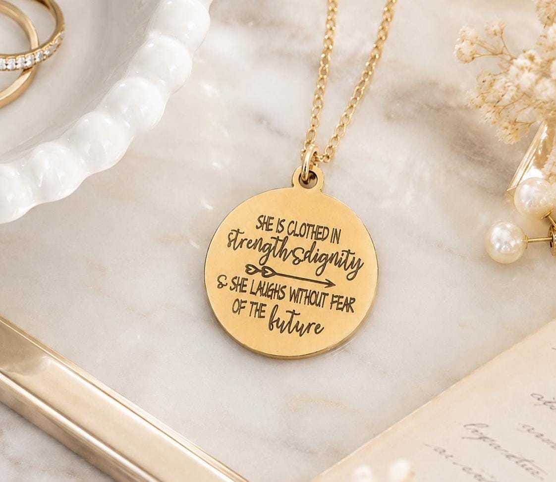 Proverbs 31:25 Necklace, She Is Clothed in Strength and Dignity Necklace, Christian Jewelry for Women, Faith Gift, Bible Verse Necklace