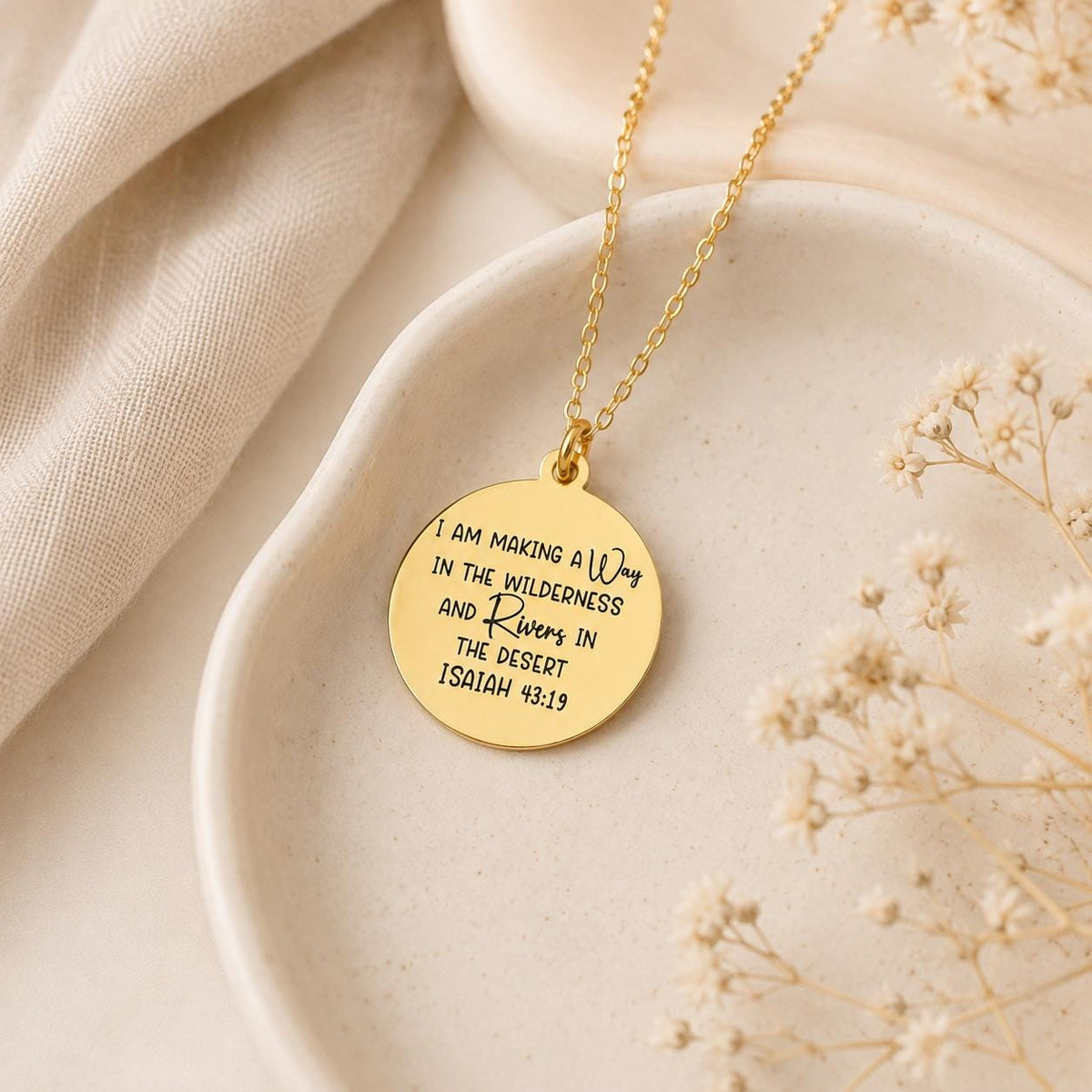 Gold Plated Bible Verse Necklace, Isaiah 43:19, Christian Gift I am making a Way