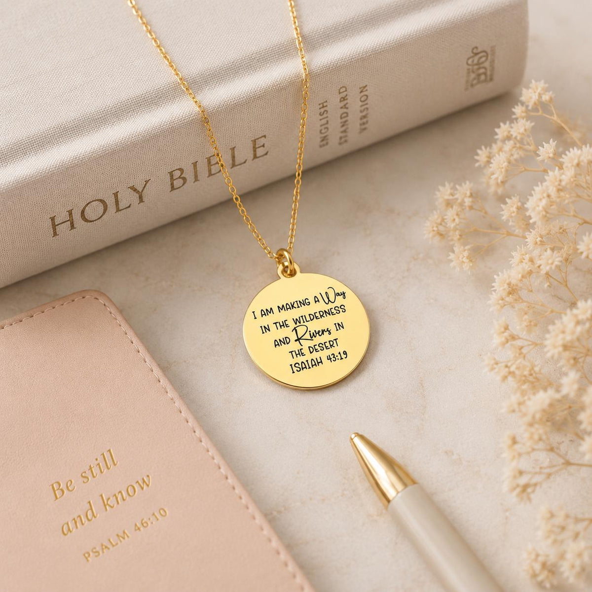 Gold Plated Bible Verse Necklace, Isaiah 43:19, Christian Gift I am making a Way