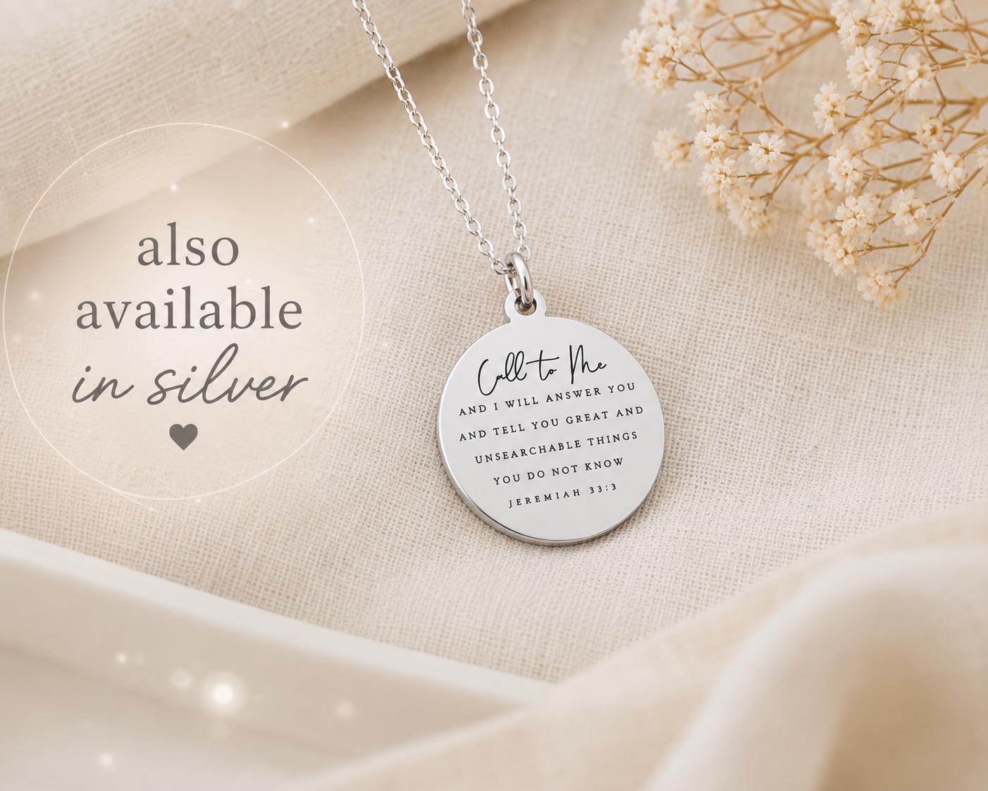 Jeremiah 33:3 Bible Verse Gold Disc Necklace, Christian Jewelry Call to me