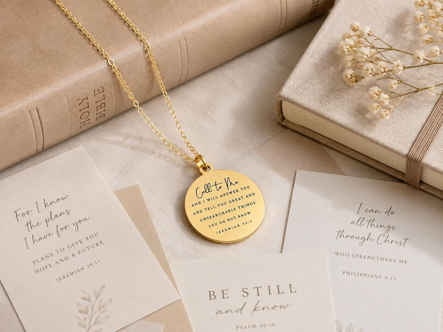 Jeremiah 33:3 Bible Verse Gold Disc Necklace, Christian Jewelry Call to me