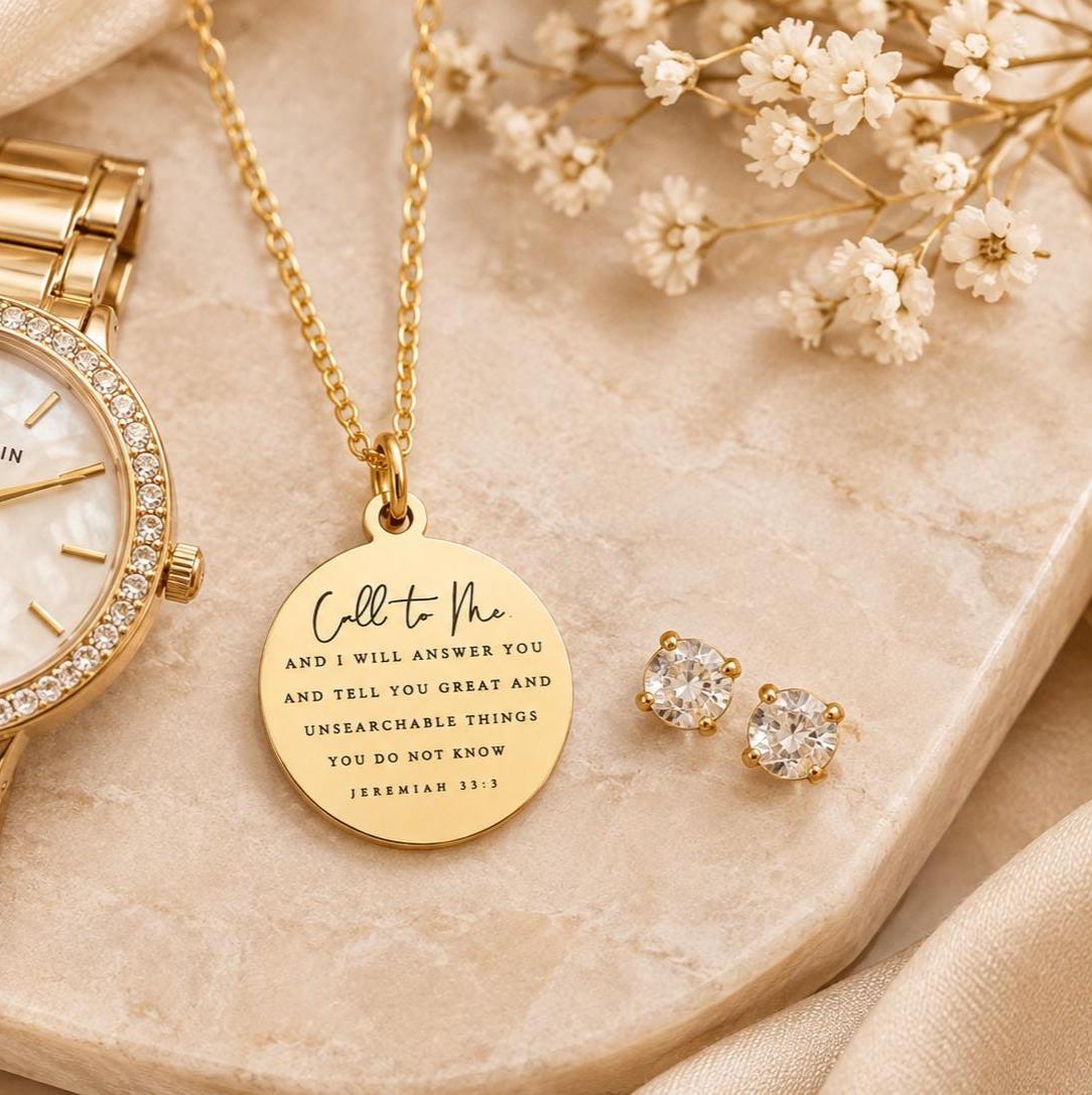 Jeremiah 33:3 Bible Verse Gold Disc Necklace, Christian Jewelry Call to me
