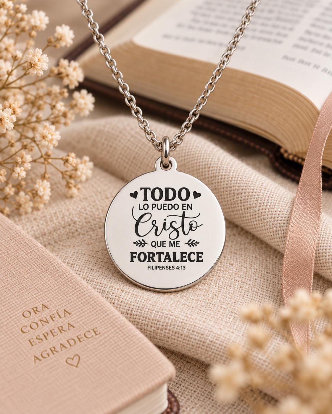 Philippians 4:13 Spanish Bible Verse Necklace - Stainless Steel Christian Jewelry
