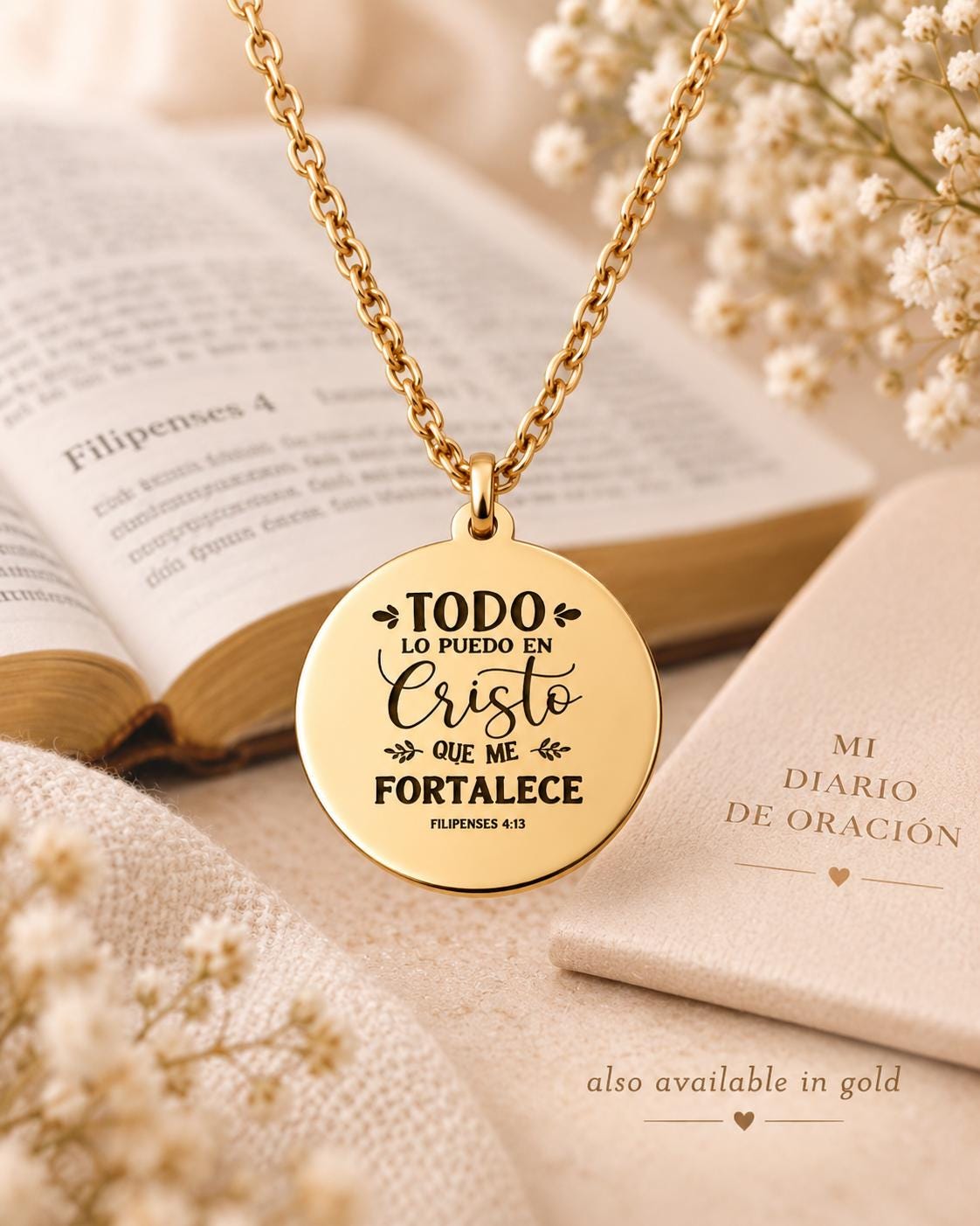 Philippians 4:13 Spanish Bible Verse Necklace - Stainless Steel Christian Jewelry
