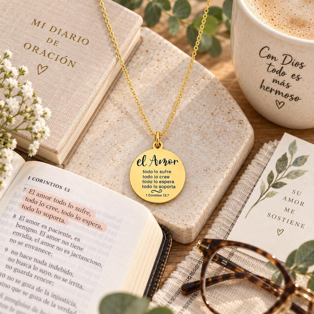 1 Corinthians 13:7 Gold Necklace - Spanish Christian Gift