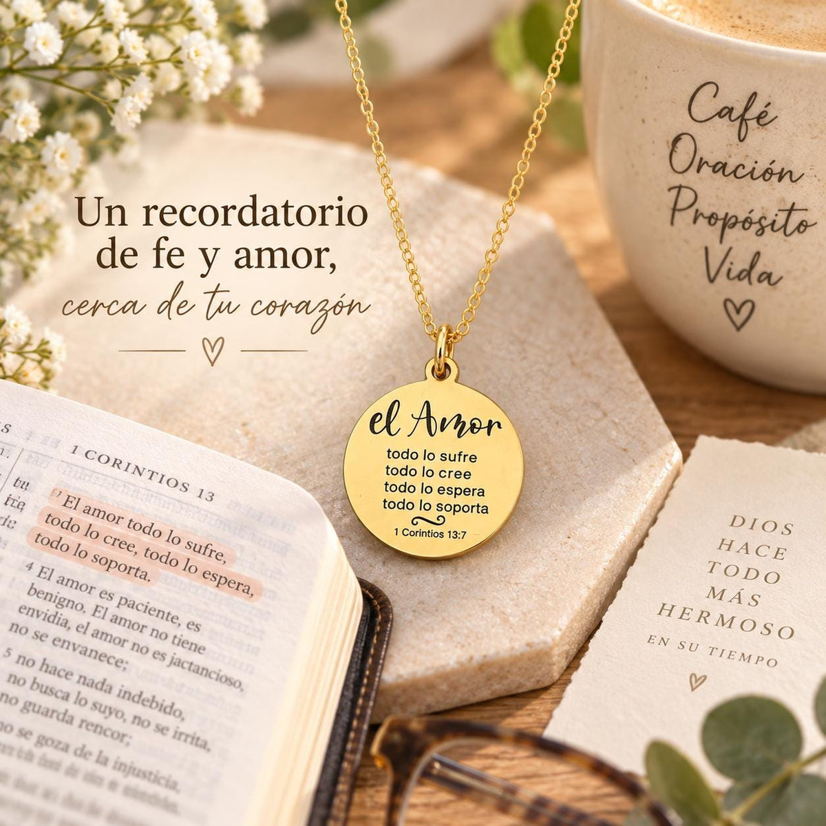 1 Corinthians 13:7 Gold Necklace - Spanish Christian Gift