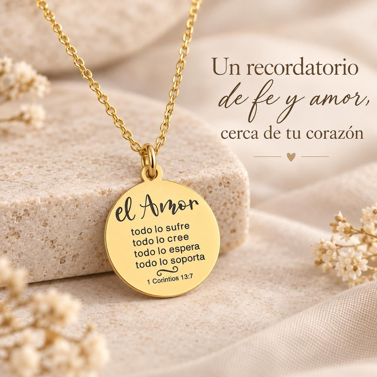 1 Corinthians 13:7 Gold Necklace - Spanish Christian Gift