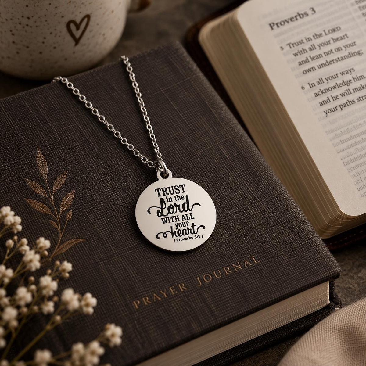 Proverbs 3:5 Necklace, Trust in the Lord Necklace, Christian Scripture Jewelry, Silver Bible Verse Pendant, Faith Gift for Women