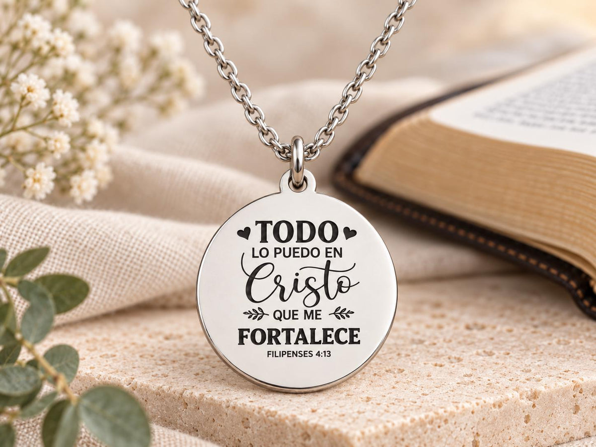 Philippians 4:13 Spanish Bible Verse Necklace - Stainless Steel Christian Jewelry