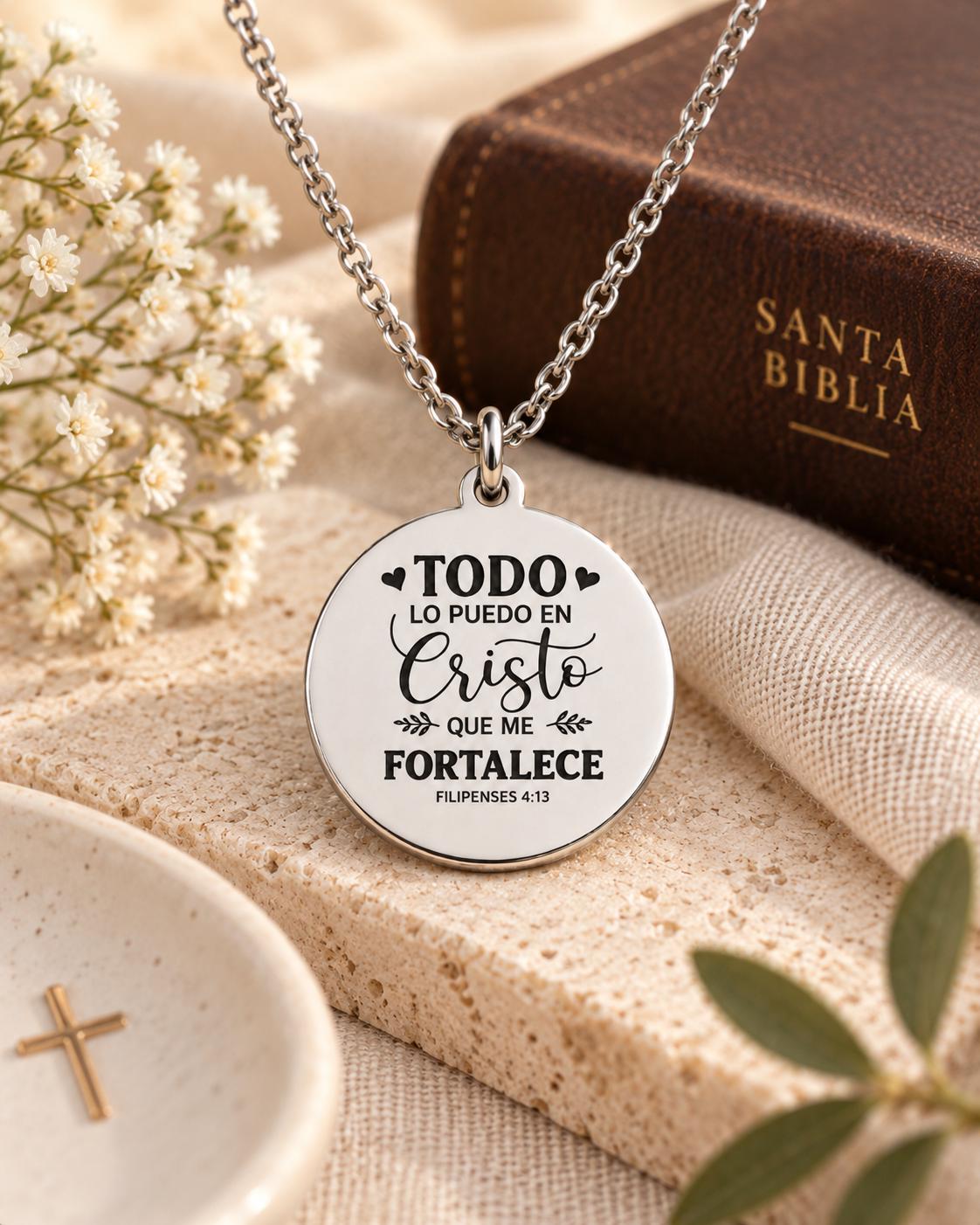 Philippians 4:13 Spanish Bible Verse Necklace - Stainless Steel Christian Jewelry