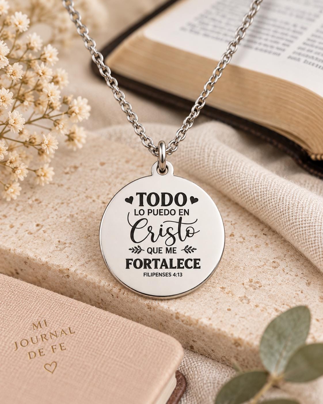 Philippians 4:13 Spanish Bible Verse Necklace - Stainless Steel Christian Jewelry