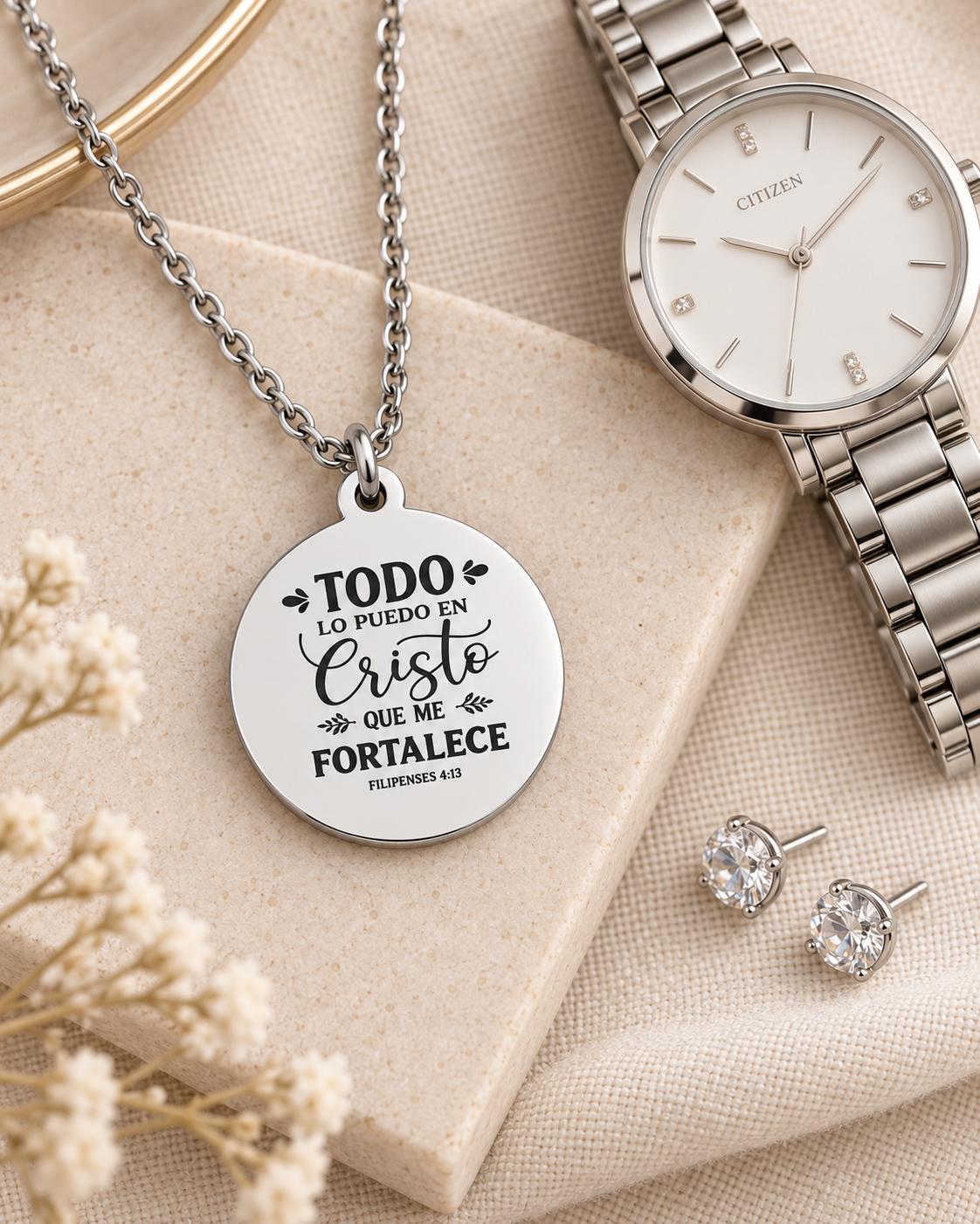 Philippians 4:13 Spanish Bible Verse Necklace - Stainless Steel Christian Jewelry