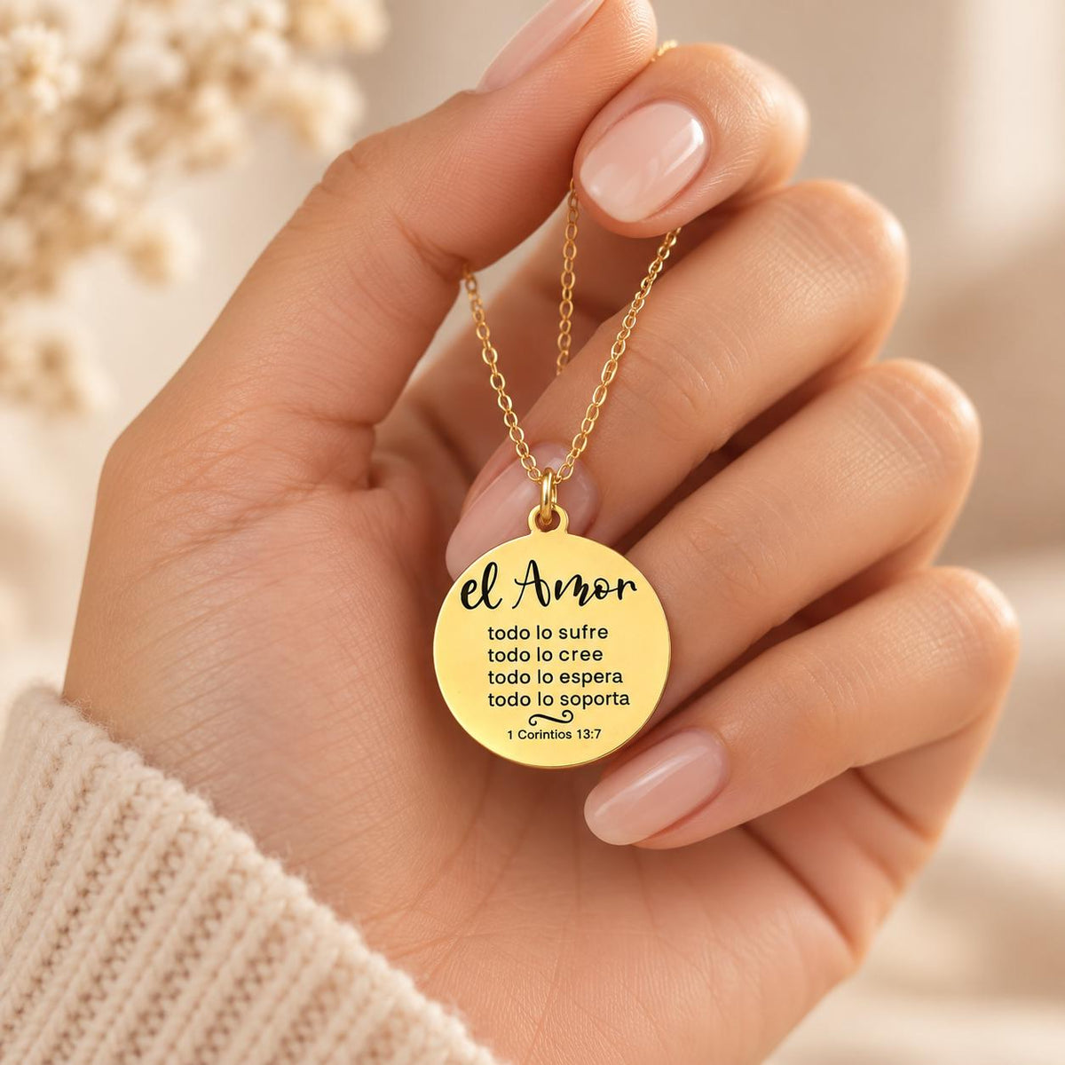 1 Corinthians 13:7 Gold Necklace - Spanish Christian Gift
