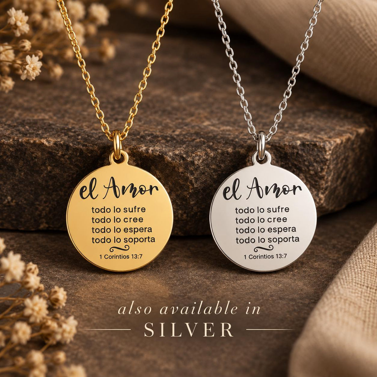 1 Corinthians 13:7 Gold Necklace - Spanish Christian Gift