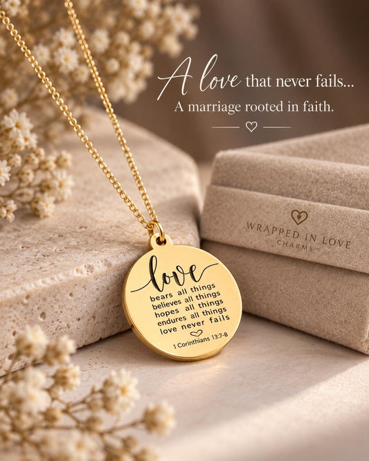 Love Never Fails 1 Corinthians 13:7-8 , Bridal Gift for Bride, Bridesmaid Gift, Christian Wedding Jewelry, Faith Gift Wedding Gift Necklace