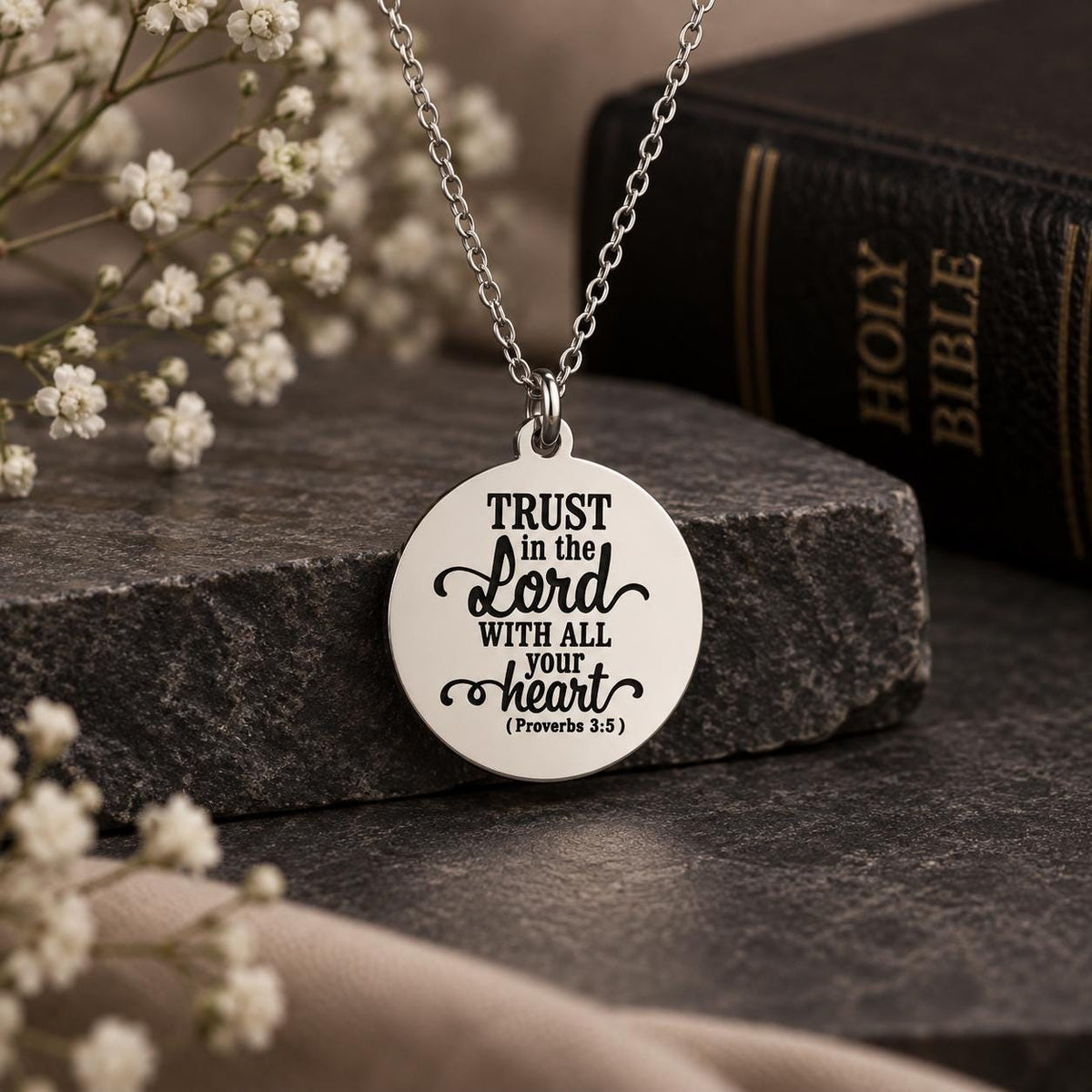Proverbs 3:5 Necklace, Trust in the Lord Necklace, Christian Scripture Jewelry, Silver Bible Verse Pendant, Faith Gift for Women