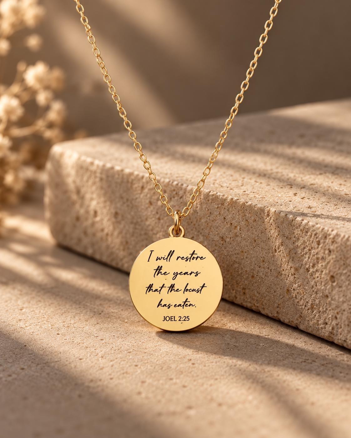 Joel 2:25 Necklace | I Will Restore the Years Necklace | Christian Necklace for Women | Bible Verse Jewelry | Faith Gift | Gold or Silver