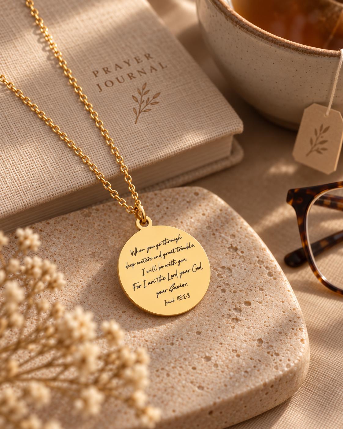 When You Go Through Deep Waters Necklace, Isaiah 43:2 Jewelry, Christian Encouragement Gift, Faith Necklace for Women, God Is With You Penda