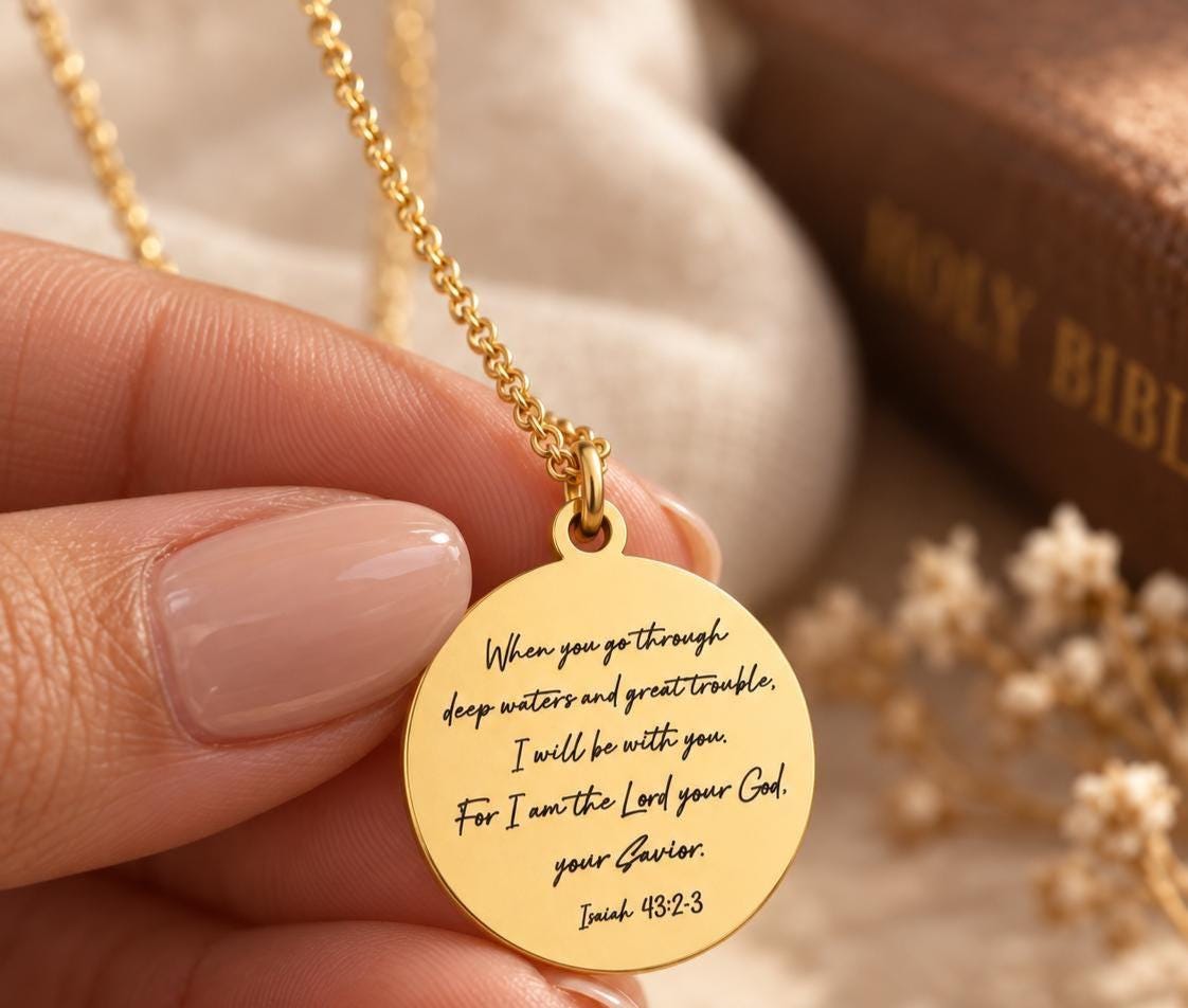 When You Go Through Deep Waters Necklace, Isaiah 43:2 Jewelry, Christian Encouragement Gift, Faith Necklace for Women, God Is With You Penda