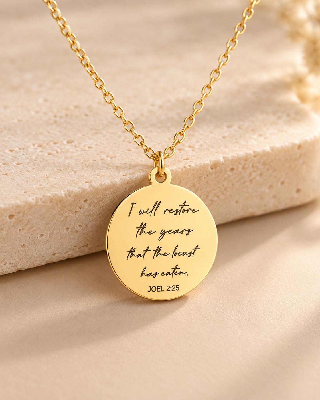 Joel 2:25 Necklace | I Will Restore the Years Necklace | Christian Necklace for Women | Bible Verse Jewelry | Faith Gift | Gold or Silver