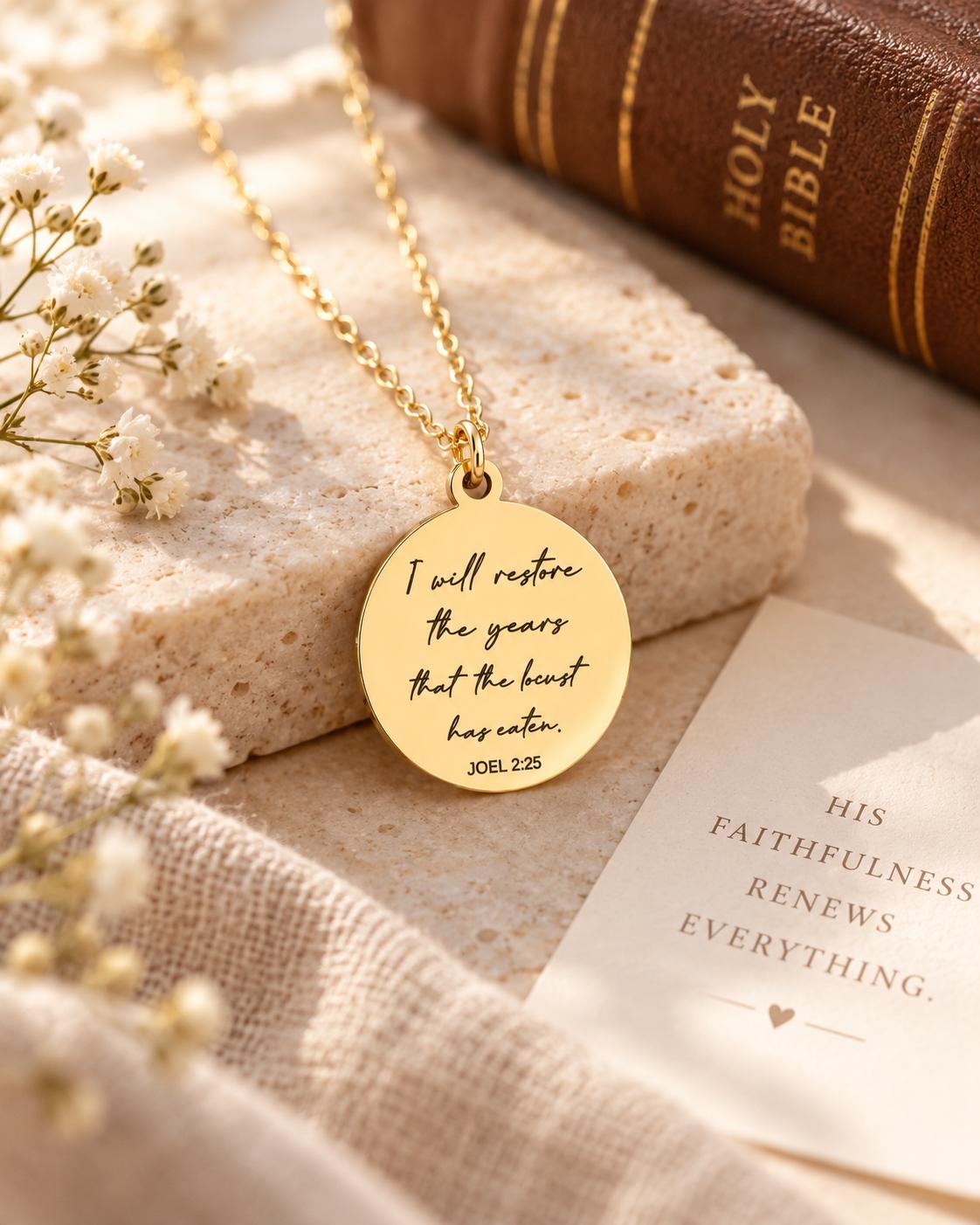 Joel 2:25 Necklace | I Will Restore the Years Necklace | Christian Necklace for Women | Bible Verse Jewelry | Faith Gift | Gold or Silver