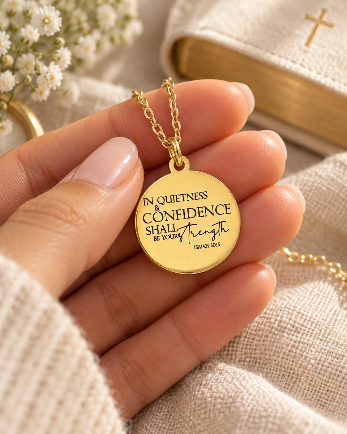 In quietness and confidence is your strength Isaiah 30:15 Bible Verse Necklace Confidence Necklace Christian Gifts Strength Necklace