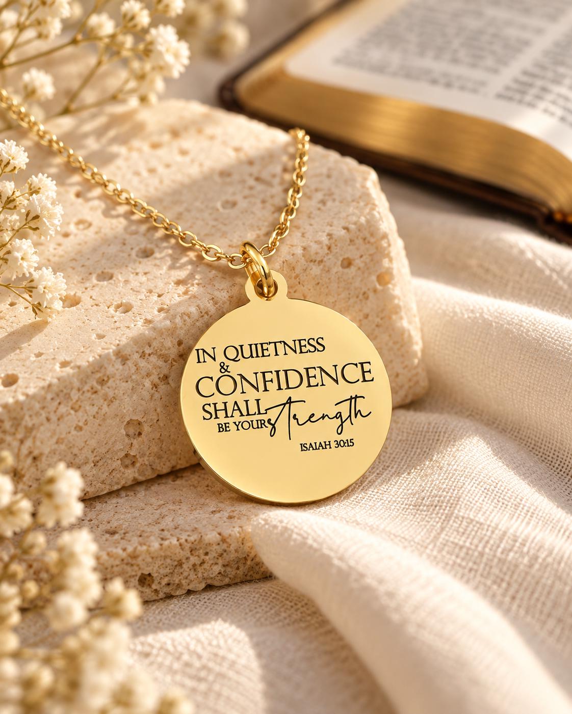 In quietness and confidence is your strength Isaiah 30:15 Bible Verse Necklace Confidence Necklace Christian Gifts Strength Necklace