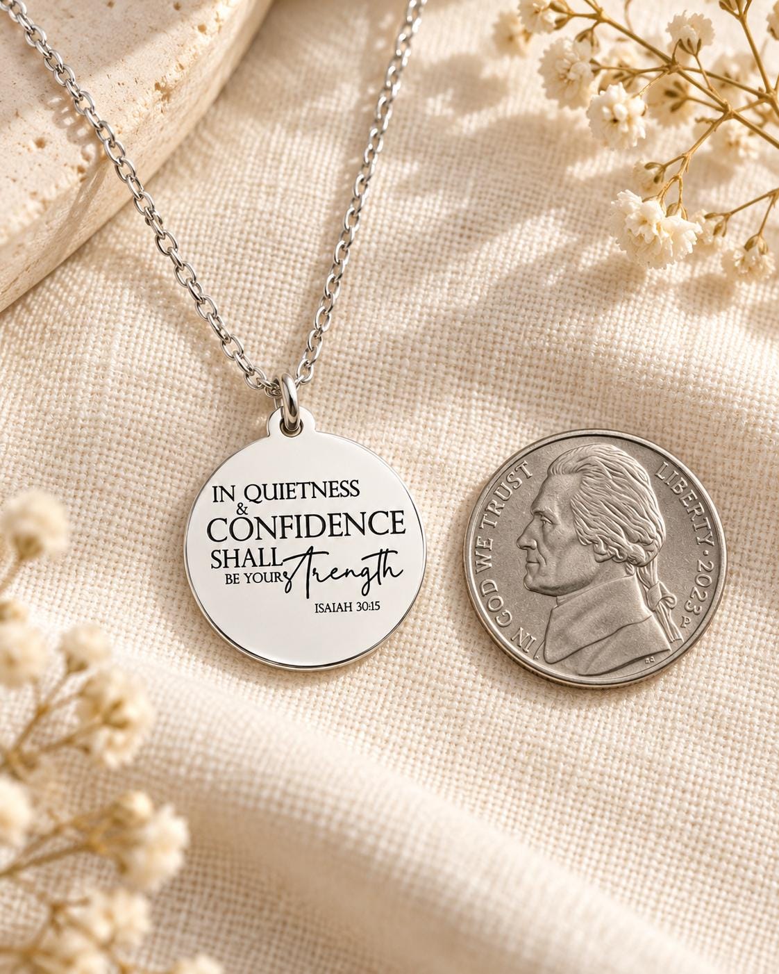 In quietness and confidence is your strength Isaiah 30:15 Bible Verse Necklace Confidence Necklace Christian Gifts Strength Necklace