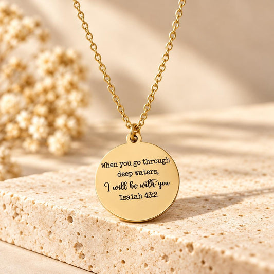 Isaiah 43:2 Deep waters Necklace, 14k Gold Christian Gifts Bible verse Charms