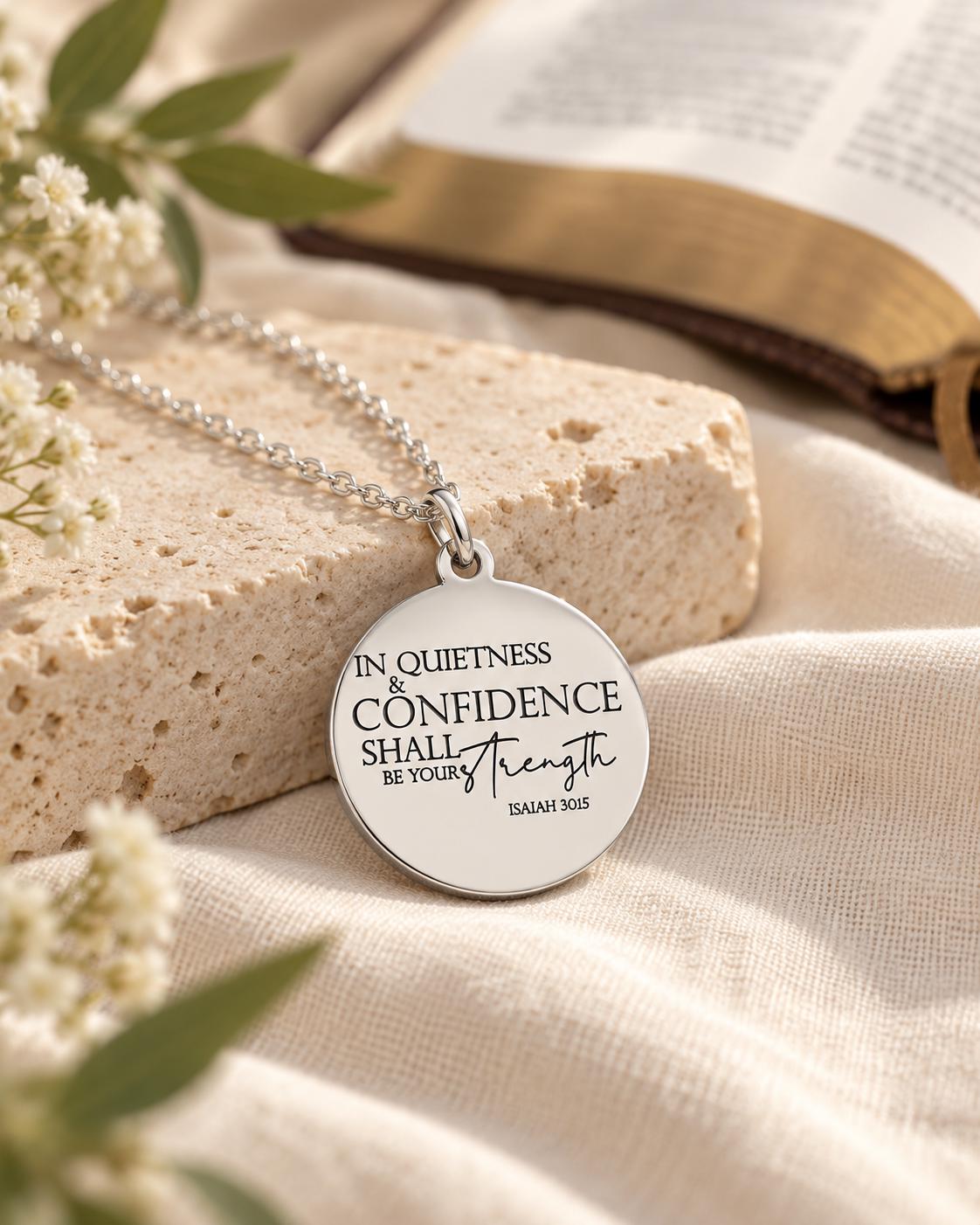 In quietness and confidence is your strength Isaiah 30:15 Bible Verse Necklace Confidence Necklace Christian Gifts Strength Necklace