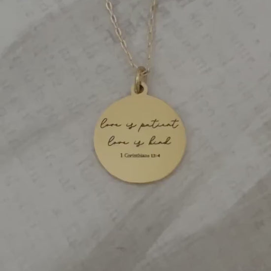 Love is Patient Gold Disc Necklace: Christian Scripture Jewelry