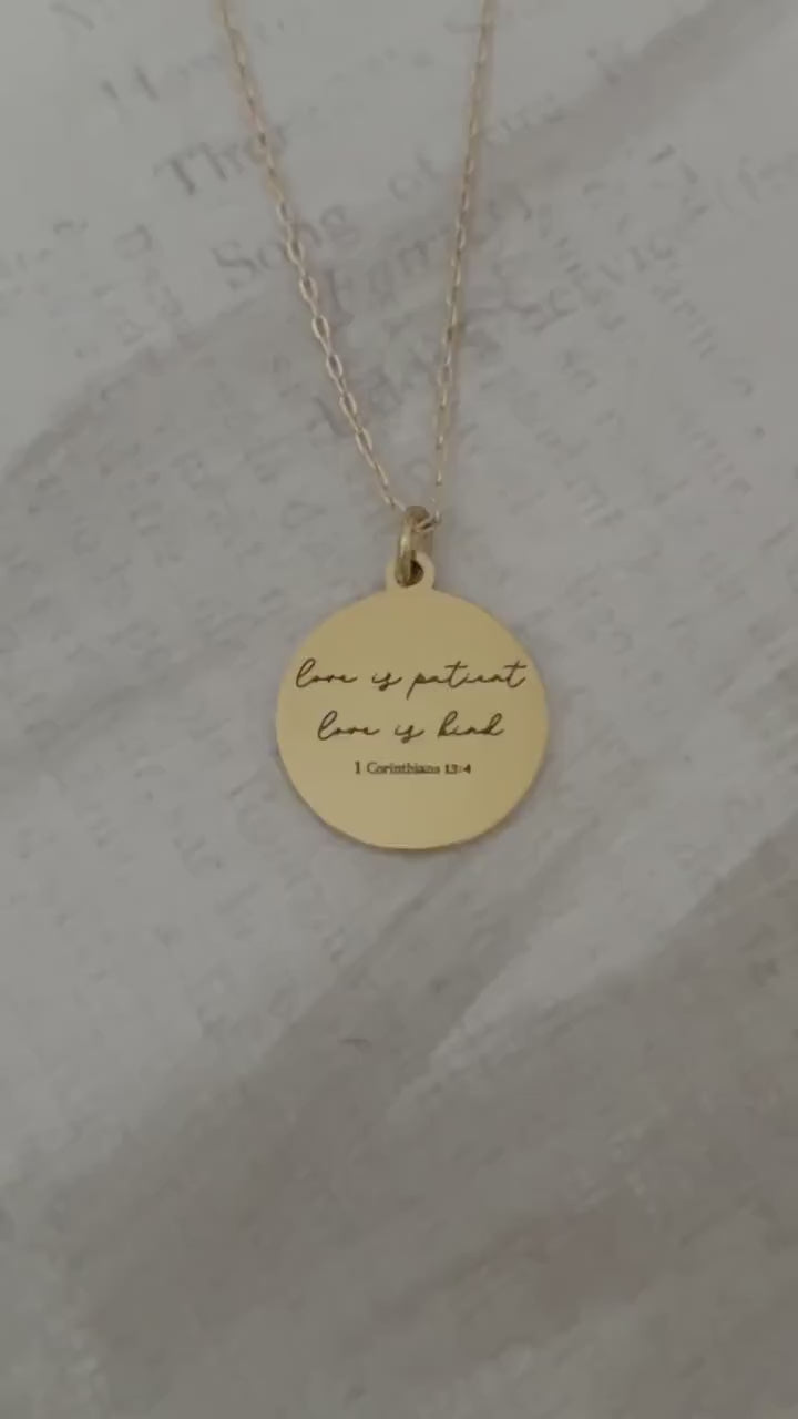 Love is Patient Gold Disc Necklace: Christian Scripture Jewelry