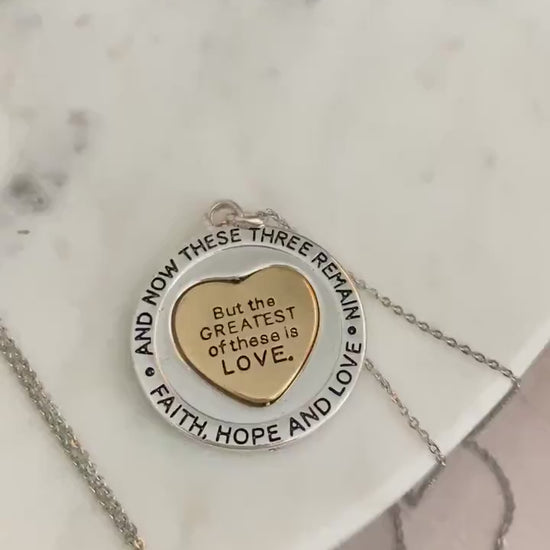 But the greatest of these is Love Bible Verse Spinner Necklace, Christian Gifts Jewelry, Motivational Scripture Charms, Faith Hope and Love