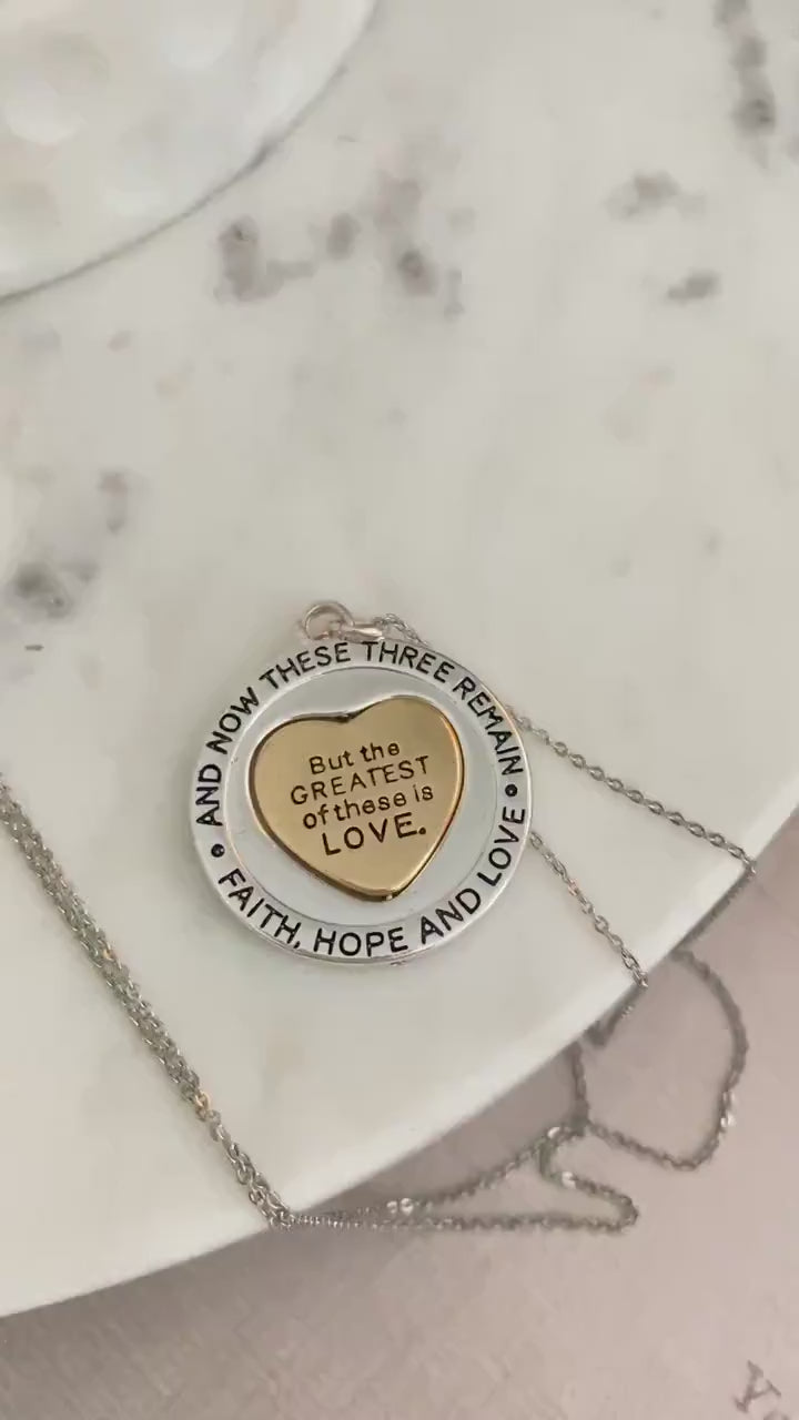 But the greatest of these is Love Bible Verse Spinner Necklace, Christian Gifts Jewelry, Motivational Scripture Charms, Faith Hope and Love