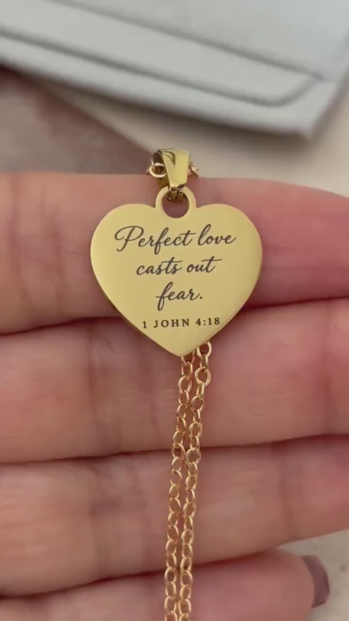 Perfect Love Casts Out Fear Necklace | 1 John 4:18 Bible Verse Necklace | Christian Gift for Women | Faith Jewelry | Gold Scripture Necklace