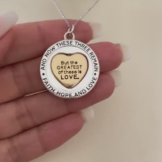 Faith Hope and love Bible Verse Spinner Necklace, 1 Corinthians 13:13, Christian Gifts, Scripture jewelry, Love Necklace, gift for Her